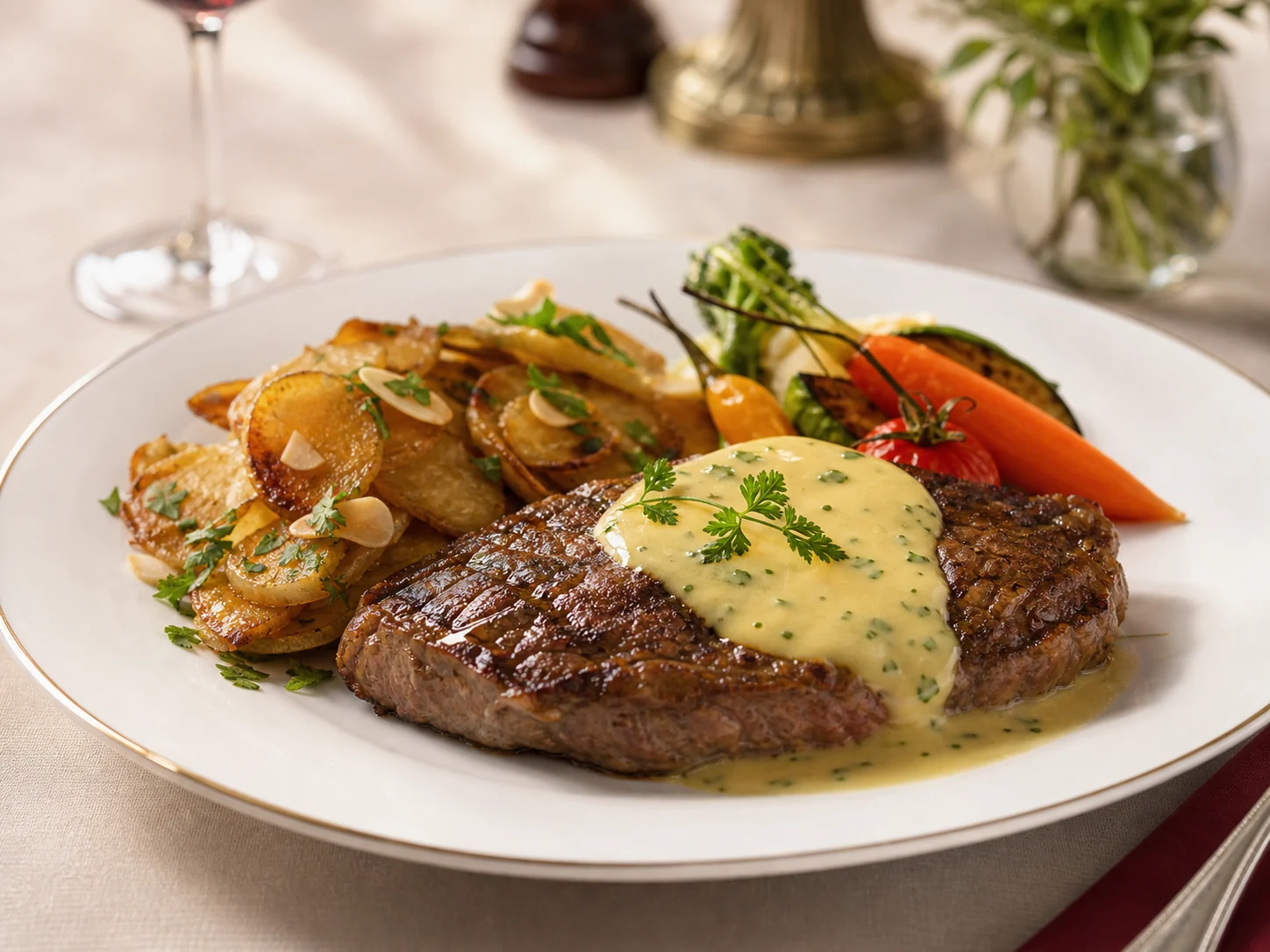 Noix d'entrecôte sauce béarnaise et pommes amandine